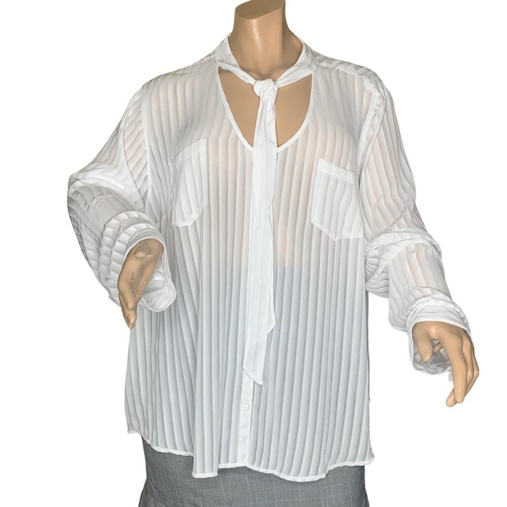 Torrid Stripped Chiffon Top White Buttons Down Front Pockets Long Sleeve…